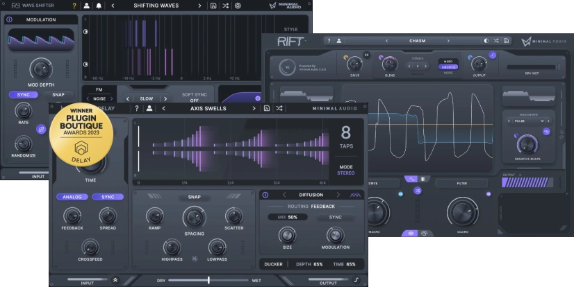 Three creative effects—multi-tap delay, hybrid distortion and warped frequency shifter—for rhythmic, spectral and saturation processing.