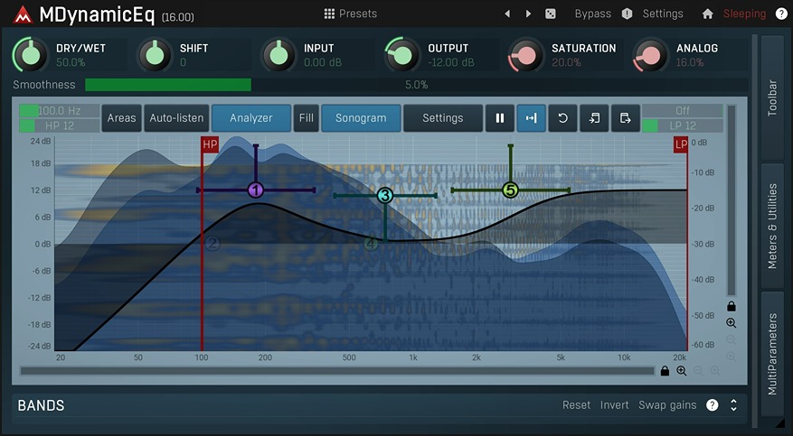 Five-band EQ with dynamic filters, detailed visualisation and side-chain for source‑dependent tonal control.