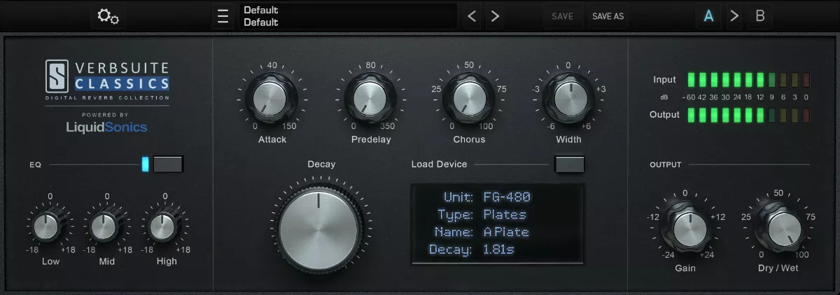 Eight modeled classic digital reverbs captured with LiquidSonics Fusion IR for authentic, modulating hardware tones.