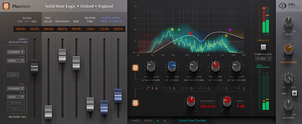 Algorithmic reverb with split early/late control, EQ and dynamics for polished, mix-ready ambience.