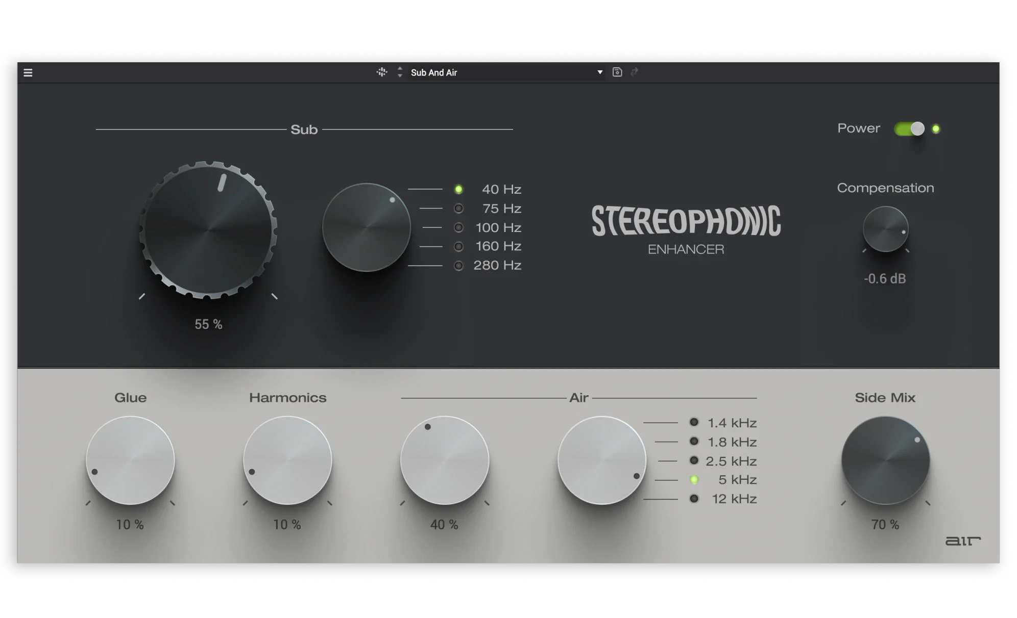 Mid/side finishing tool for wider, fuller mixes with focused low end and added harmonic polish.