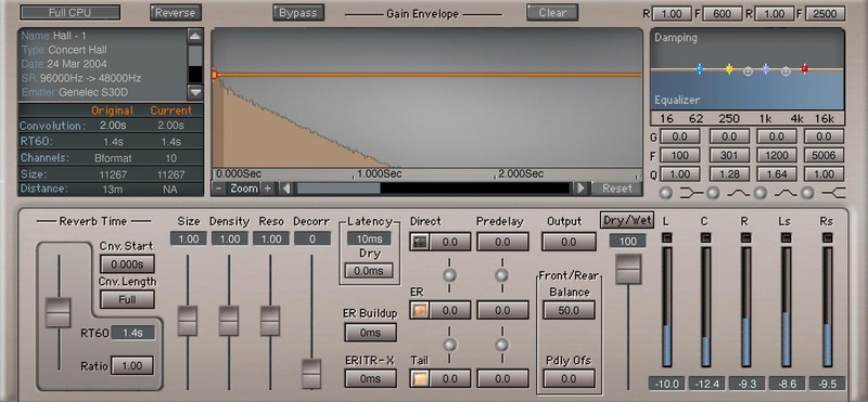 Convolution reverb with 2,000+ recorded 5.1 spaces and support for custom impulse imports.