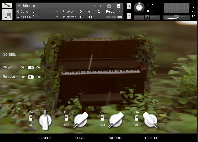 Deeply sampled upright piano pitched down five semitones for soft, ethereal low-register tones.