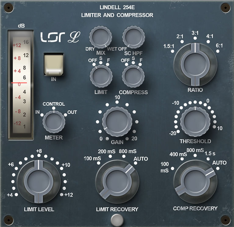 Modeled NEVE 2254E-style limiter delivering warm, punchy compression with wet/dry mix and selectable attack.