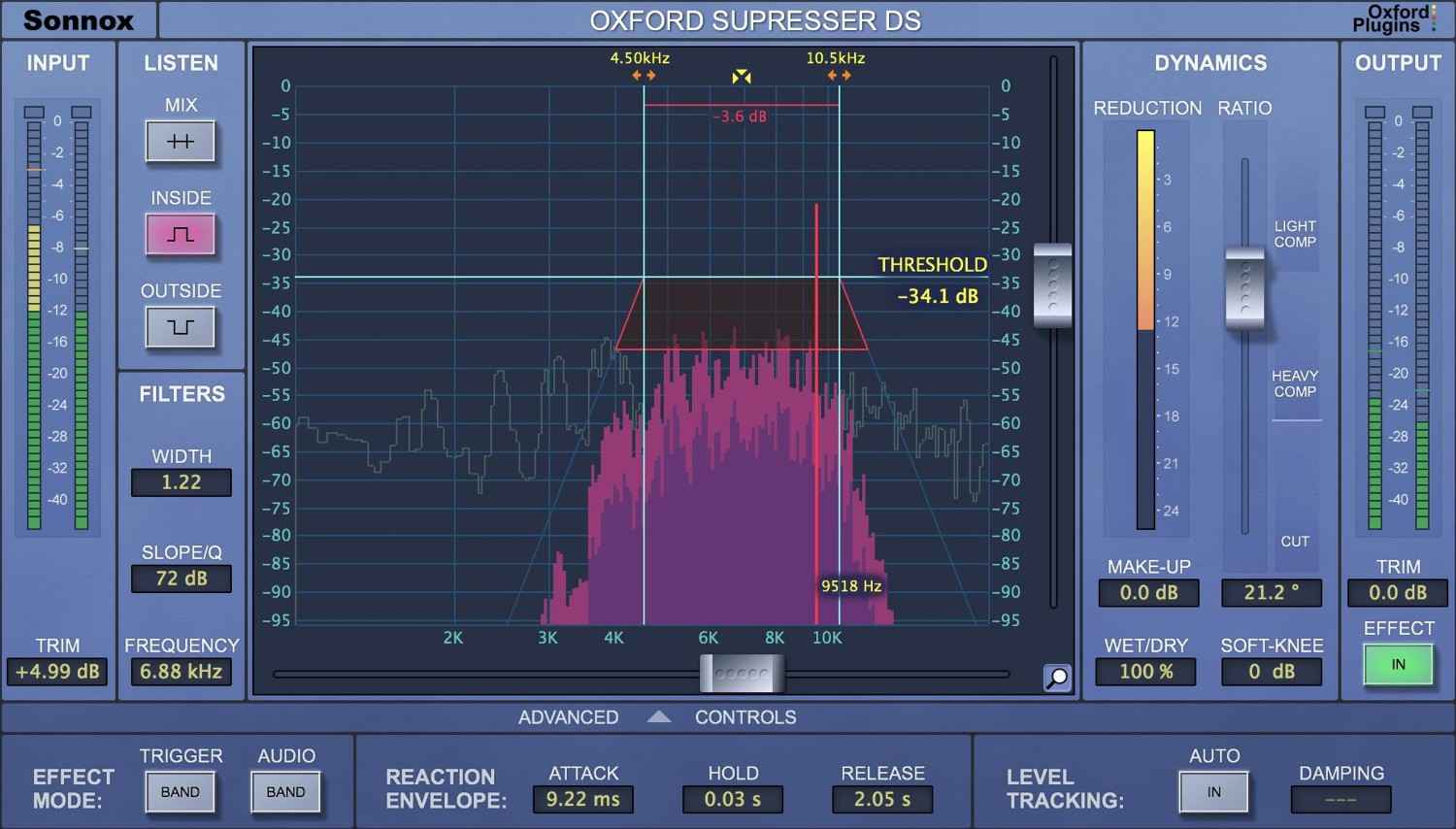 Linear-phase de-esser with visual FFT, Auto Level Tracking and wet/dry control for precise, low-latency sibilance control.