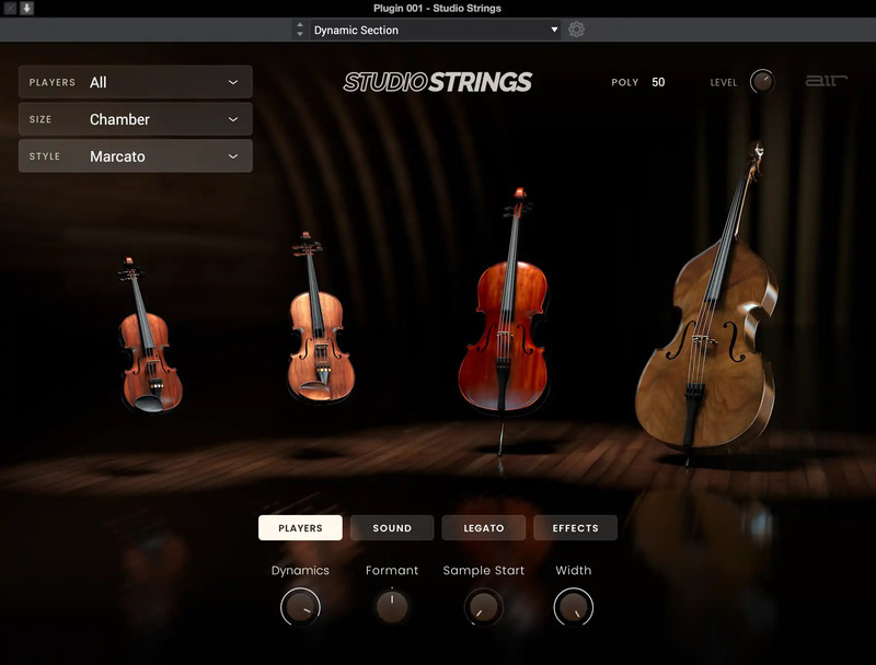 Four-section sampled strings with articulation controls, ensemble sizing, and built-in effects for orchestral and contemporary production.