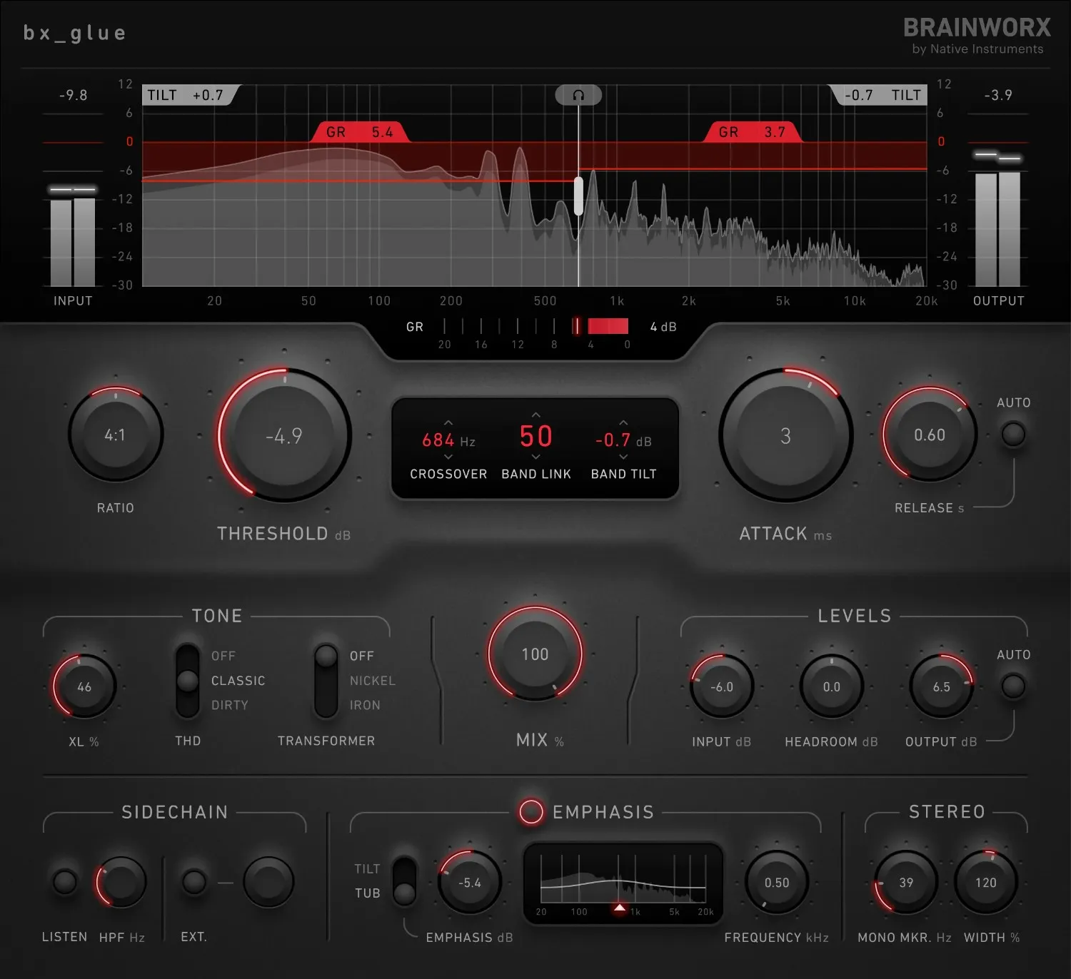Dual-band VCA-style compressor with vintage tone controls, saturation, tilt EQ and advanced sidechain options.