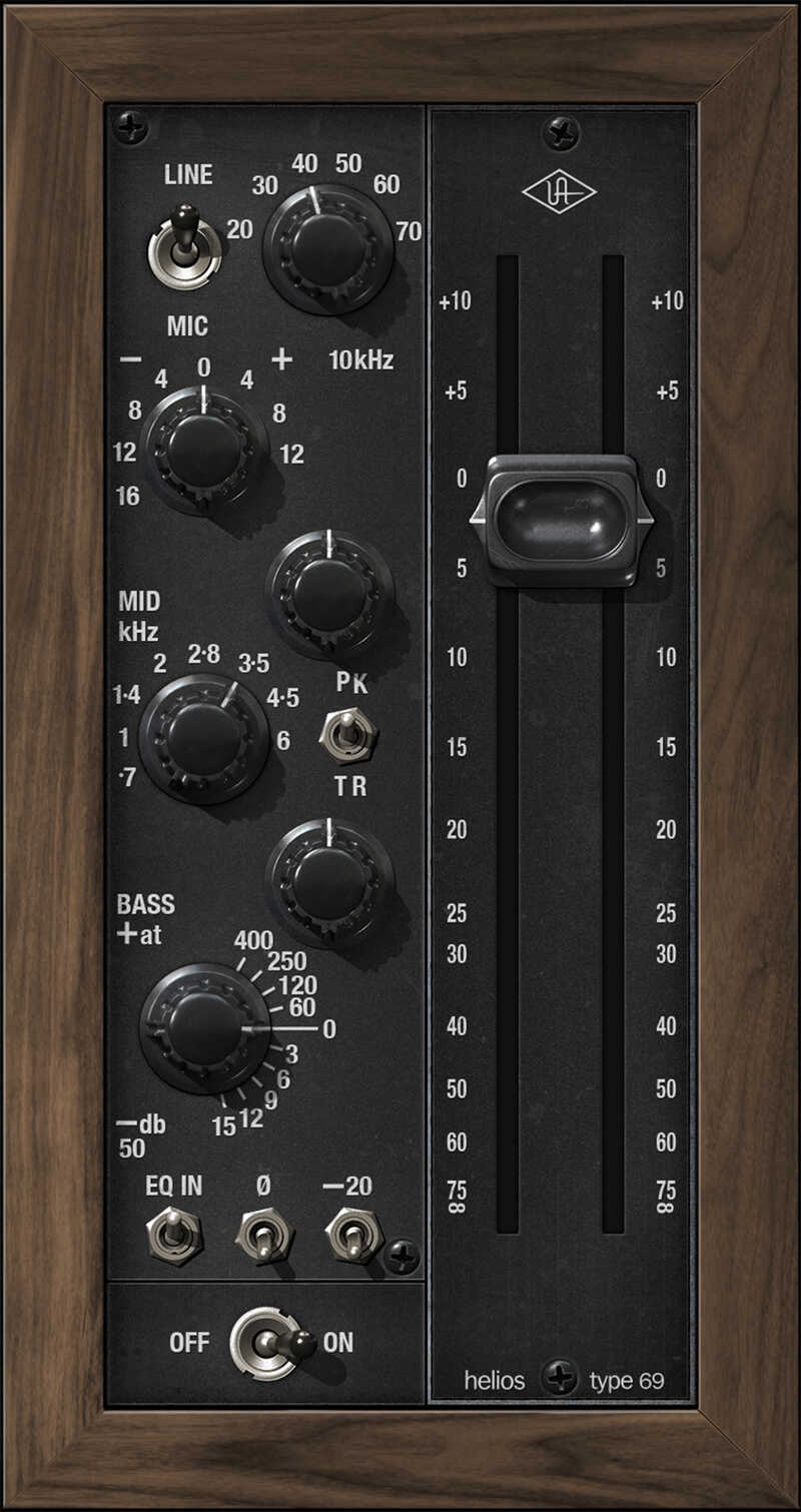 Modeled Helios Type 69 preamp and three-band EQ with selectable low-frequency voicings and Unison tracking support.