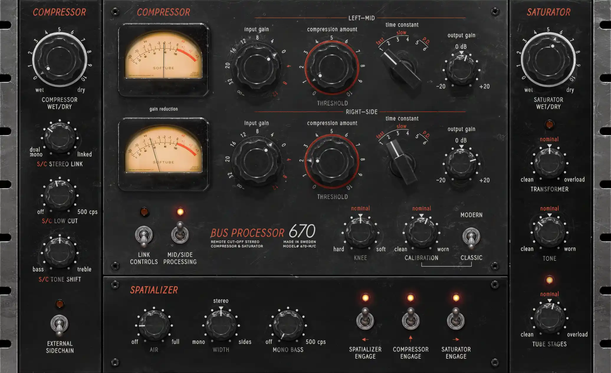 A modern software take on the classic dual-channel variable‑mu compressor, adding saturation, spatial tools and sidechain control.