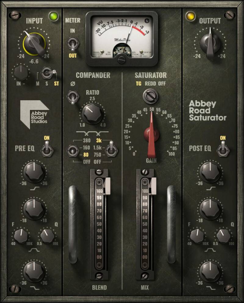 Console-modeled tube and solid-state saturation with EQ, TG12321 compander, M/S and mix control.