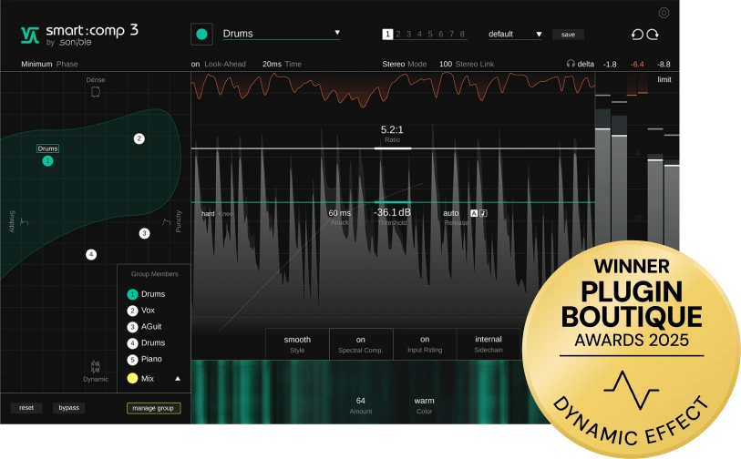 Spectral compressor that maps and lets you explore a field of meaningful compression settings in real time.