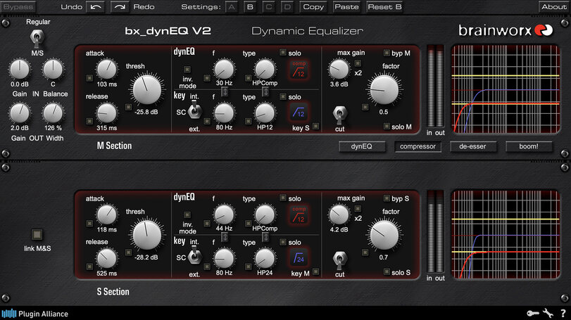 A dynamic M/S equalizer that blends frequency shaping with band‑specific compression and cross‑triggering.
