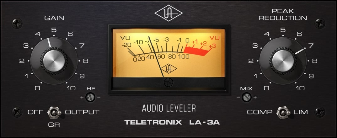 Modeled LA-3A optical limiter delivering mid-forward, aggressive compression with HF sidechain and parallel dry/wet control.