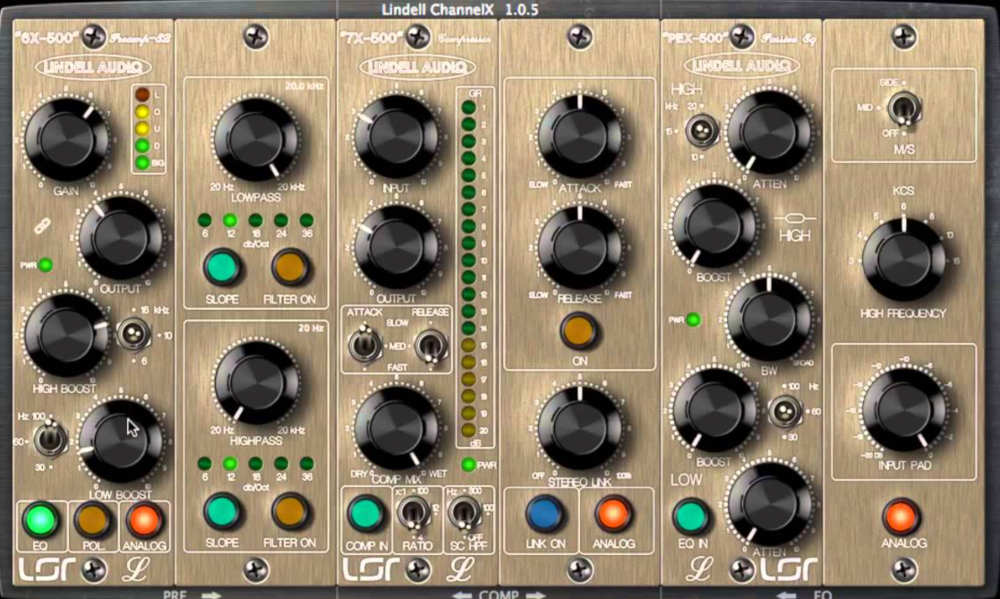 Three Lindell-modeled 500 modules—preamp, Pultec-style EQ and FET compressor—in a single re-orderable frame.