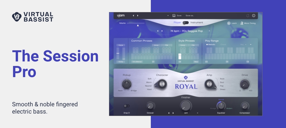 Rounded vintage electric finger-bass with playable phrases, simple tone controls and a 15-mode multi-effect Finisher.