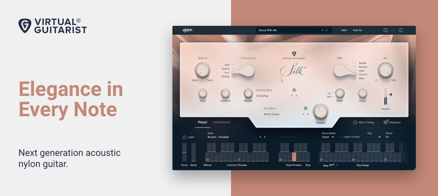 Nylon-string virtual guitar with smart chord engine, instrument mode, phrases and integrated effects for intimate acoustic parts.