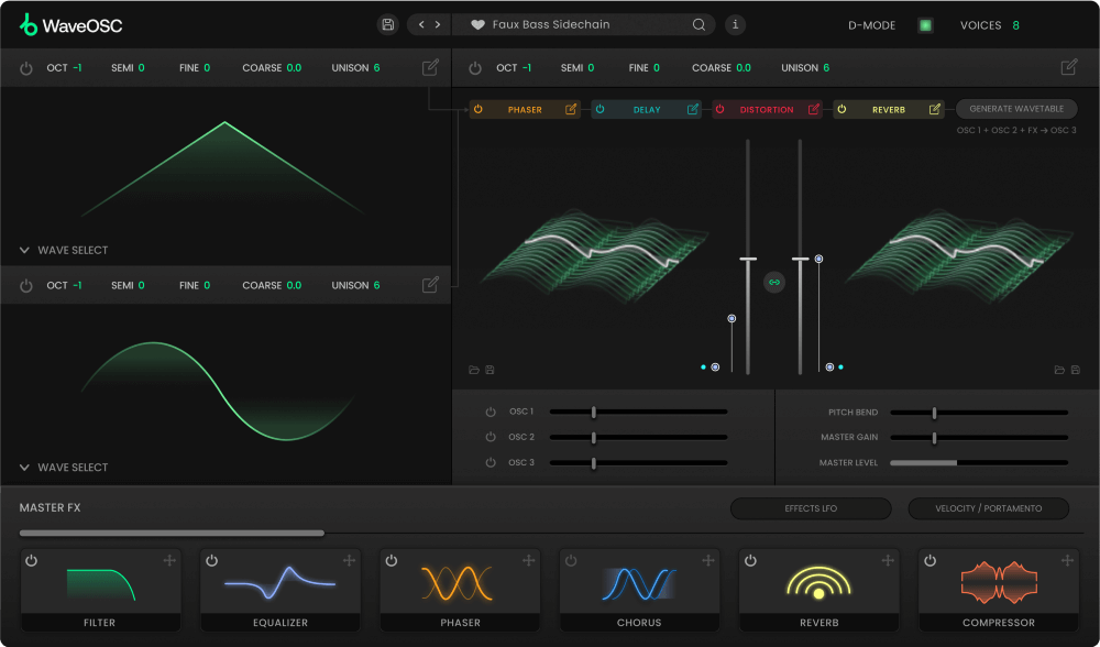 A wavetable synth with generated wavetables, per-oscillator modulation and a nine-slot master FX rack.