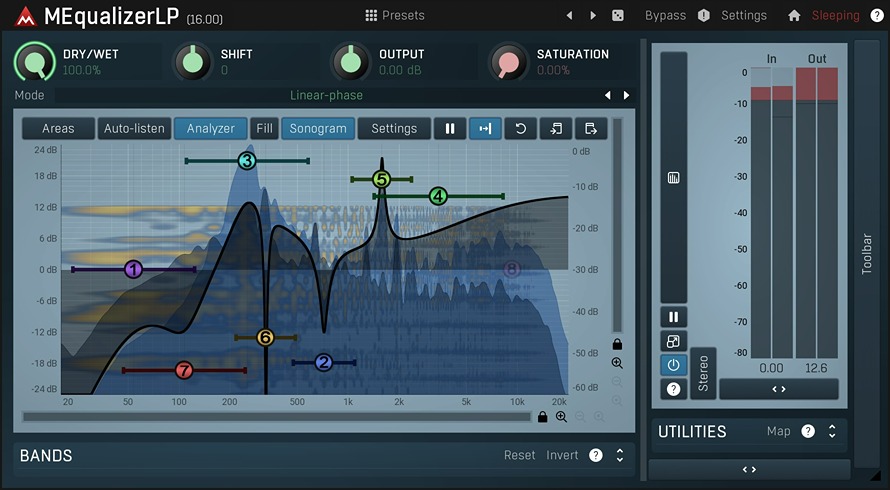 Transparent, low-noise mastering linear-phase EQ with spectral analysis, dry/wet, and surround processing.