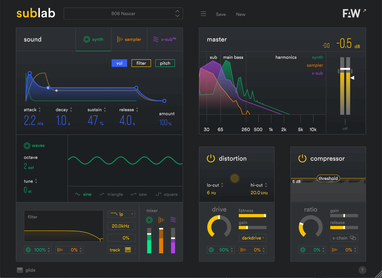 Create consistent, punchy 808-style sub-bass using sampling, synthesis and a psychoacoustic X-Sub oscillator.