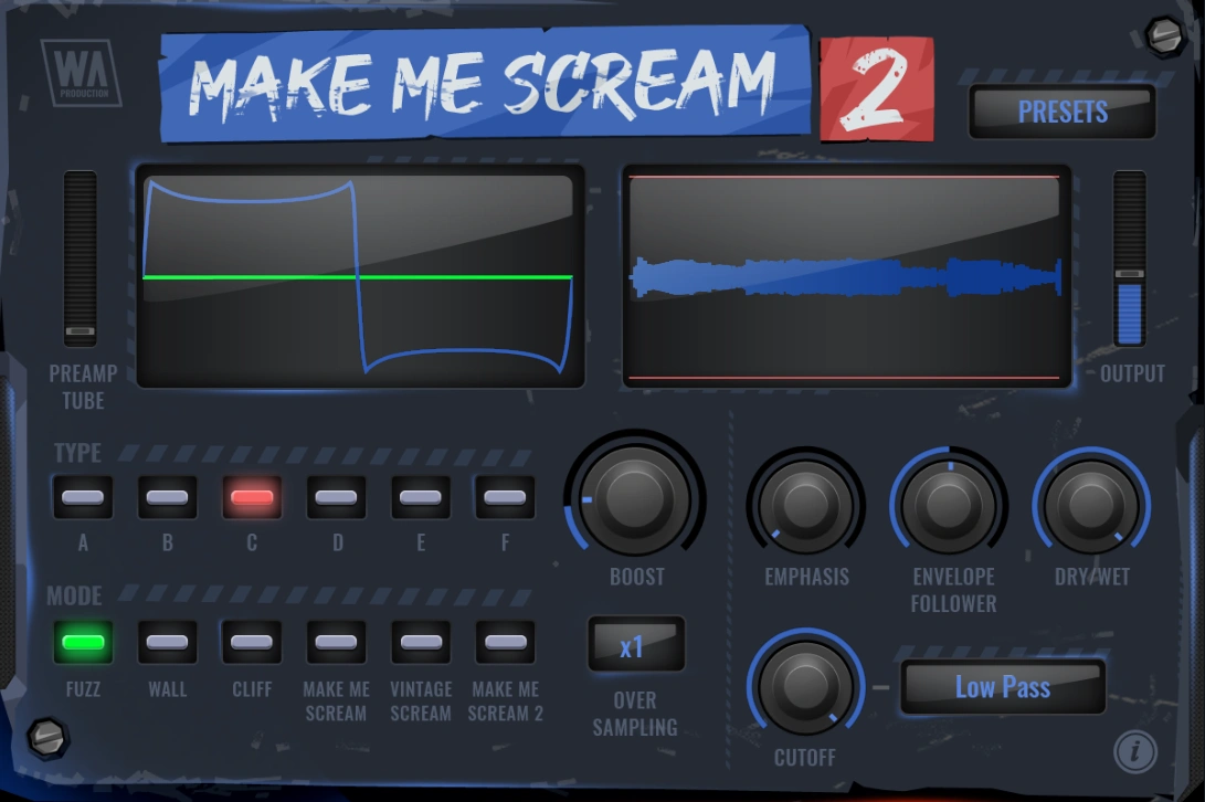 Two-stage saturation with tube preamp, transient-aware distortion, filters, oversampling and presets for controlled or extreme coloration.