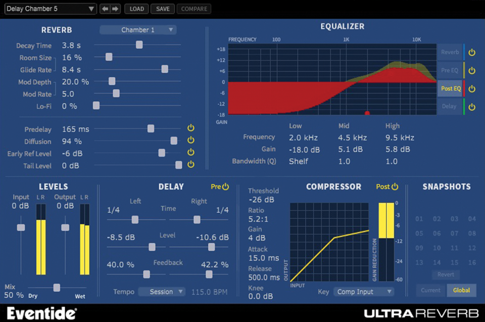Nine H8000‑derived reverbs with integrated EQ, compressor, delay and 300+ presets for mixing and sound design.