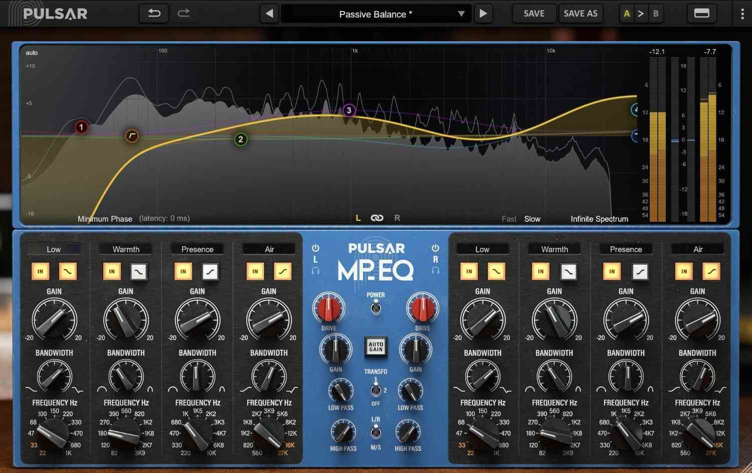 Passive emulation of a classic mastering EQ with parallel topology, analog drive, visual curve editor and optional linear-phase mode.