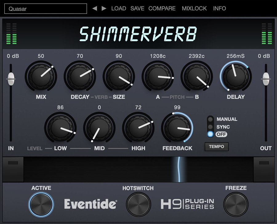 Lush reverb with built‑in pitch shifters, feedback routing, Ribbon control, Hotswitch and Freeze.