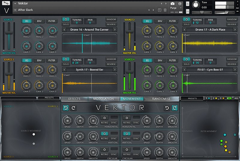 Four-layer Kontakt instrument for cinematic strings, drones and morphed textures with movement pads and drag-and-drop sampling.