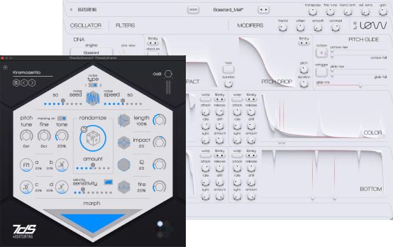Two complementary instruments: a dedicated bass synth and a multi-engine snare generator with extensive presets and modulation.