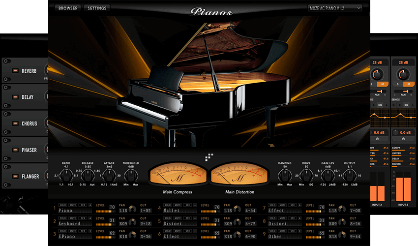 Warm sampled Yamaha C7 with layered hybrid sources and a configurable FX rack for scoring and songwriting.