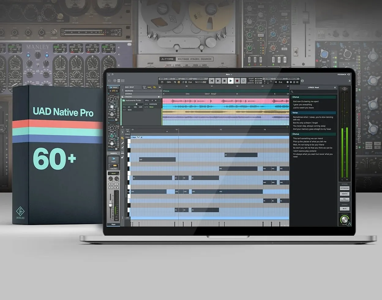 LUNA Studio paired with 60+ native UAD plug-ins for recording, mixing, and vintage console/tape emulation.
