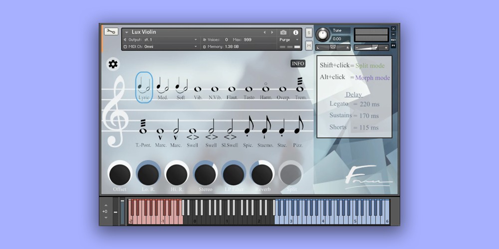 Playable, detail-focused sampled violin for Kontakt with legato, rebowing, and extensive articulation control.