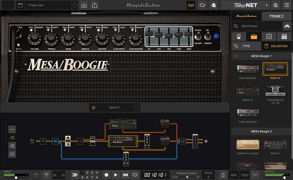Officially licensed MESA/Boogie amp and cab models for authentic Mark and Rectifier tones within AmpliTube.