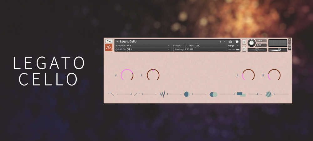 Monophonic legato cello sampled with close and room mics, offering scripted vibrato and three velocity layers for expressive solo lines.
