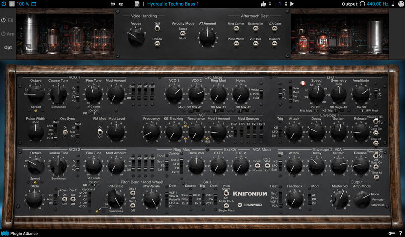 Authentic-sounding emulation of a 26-tube boutique synth with expanded polyphony, stereo tools, arpeggiator and effects.