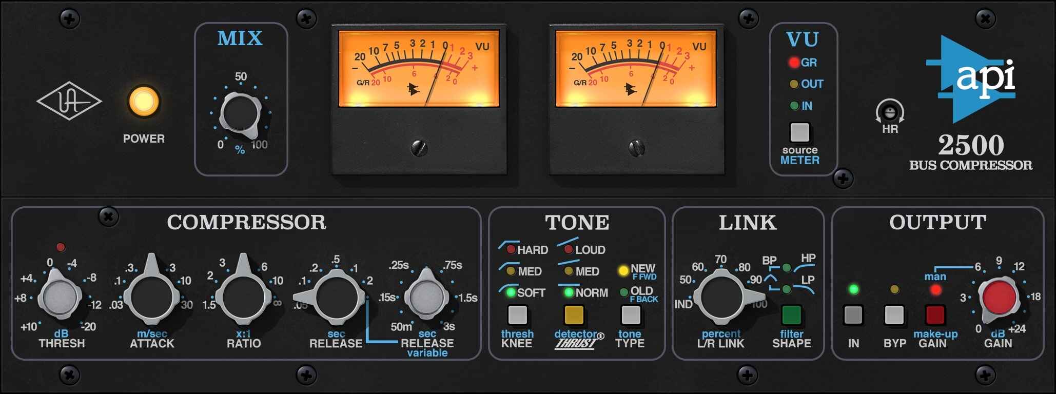 Spot-on API 2500 emulation with Thrust filtering and adjustable L/R linking for cohesive, punchy stereo mixes.
