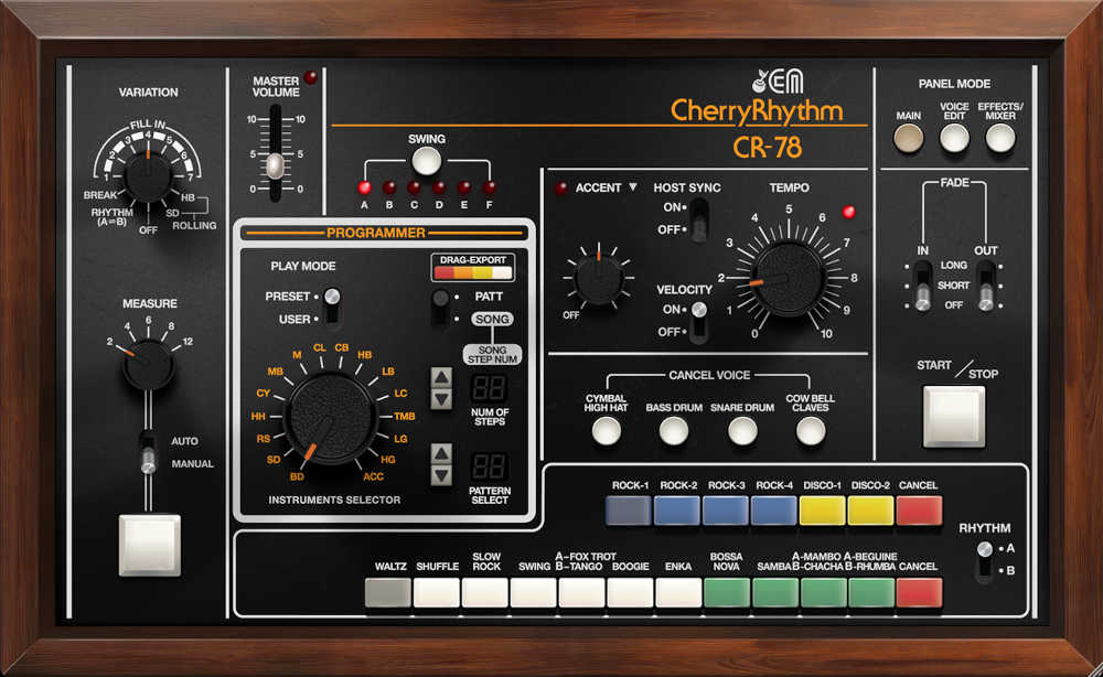 Modeled CR-78 drum machine with step sequencing, song chaining, editable analog tones, effects, and DAW-ready outputs.