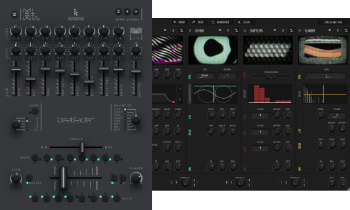 Bundle of a modular multi‑effects processor and a fader‑driven beat player with looping and performance controls.