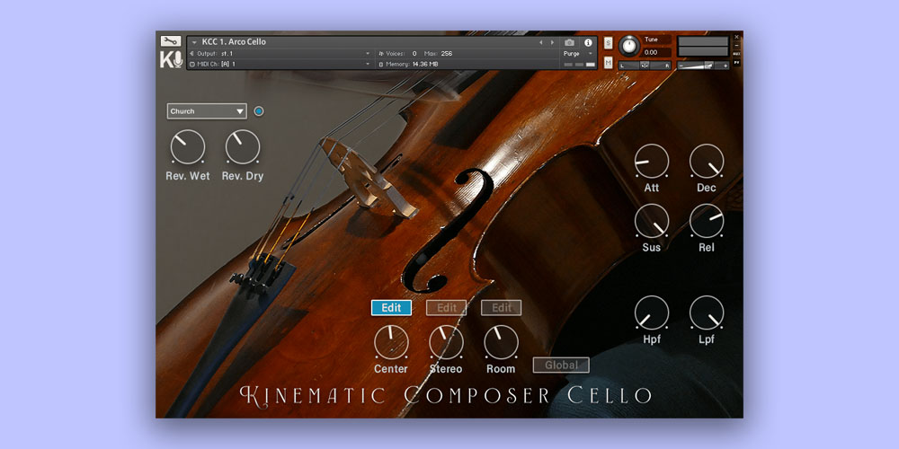 Sampled cello library with 14 articulations, 9 analogue pads, and multi-mic control for Kontakt 6.7.1+.