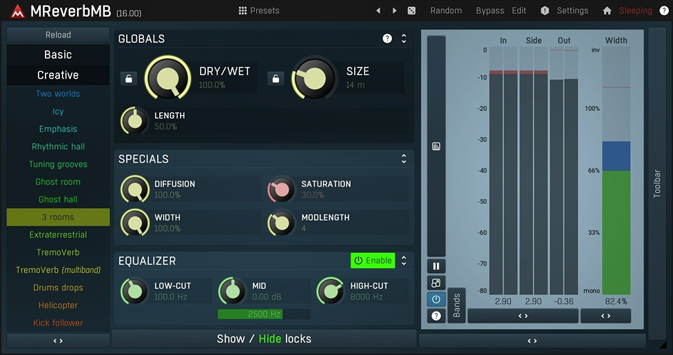 Six-band, fully configurable algorithmic reverb with spatial positioning, modulators, and per-band EQ.