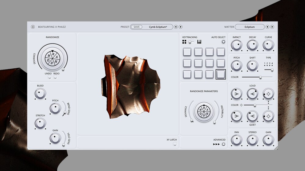 A percussive synth focused on randomized, editable metallic and organic drum textures.