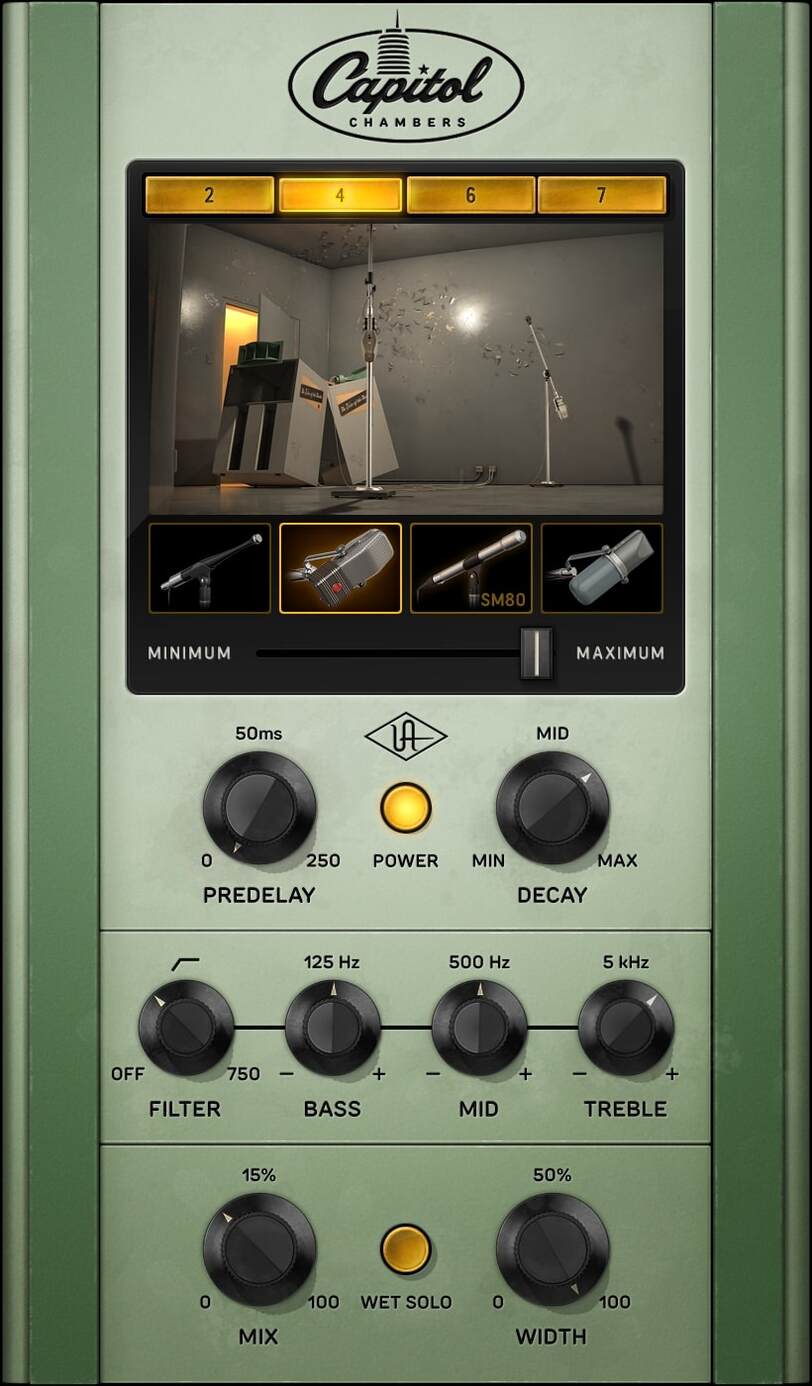 Authentic emulation of Capitol Studios' underground echo chambers with mic-position control and Dynamic Room Modeling.