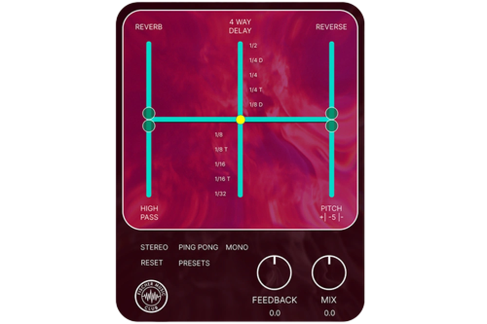 Delay that processes repeats through four effect quadrants — reverb, reverse, high-pass, and pitch.