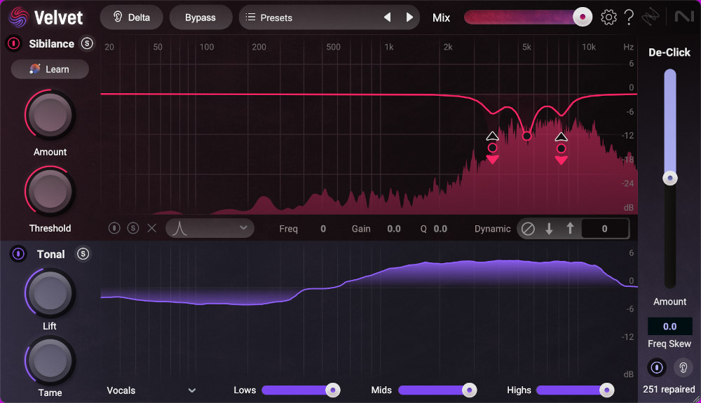 A de-esser that separates sibilance and tonal content with adaptive EQ, tone-shaping, and a single-fader De-Click.