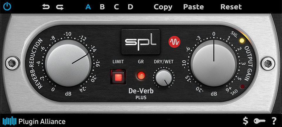 One-knob decay reduction with dry/wet and a built-in peak limiter for controlling room and reverb.