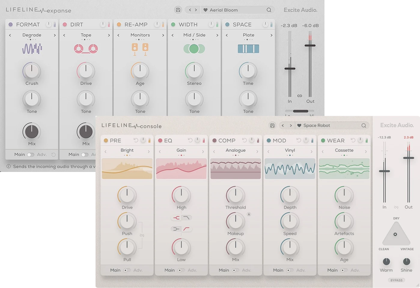 Two modular effect suites for re-amping, spatial processing and analogue console coloration.
