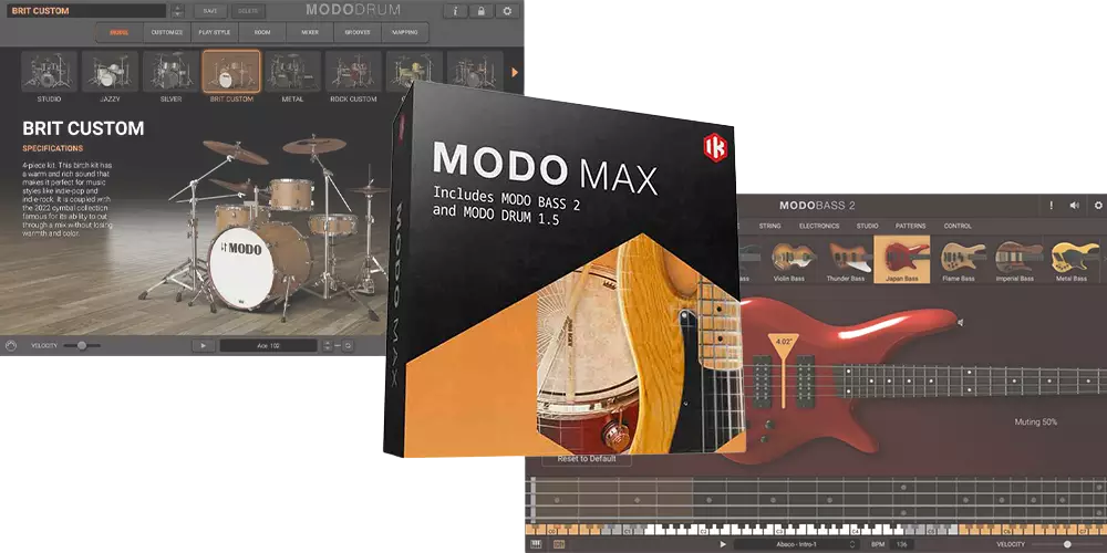 A bundle of physically modeled bass and drum instruments with deep customization and pattern/kit editing.