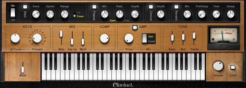 Multi-sampled D6 clavinet with responsive dynamics, autowah, amp simulation and built-in mixing effects for classic funk tones.