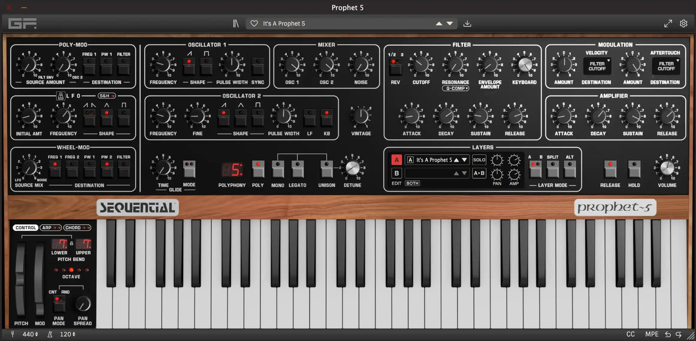 GForce Software Prophet~5 plugin interface on sale at Plugin Boutique, 29% off until Oct 19