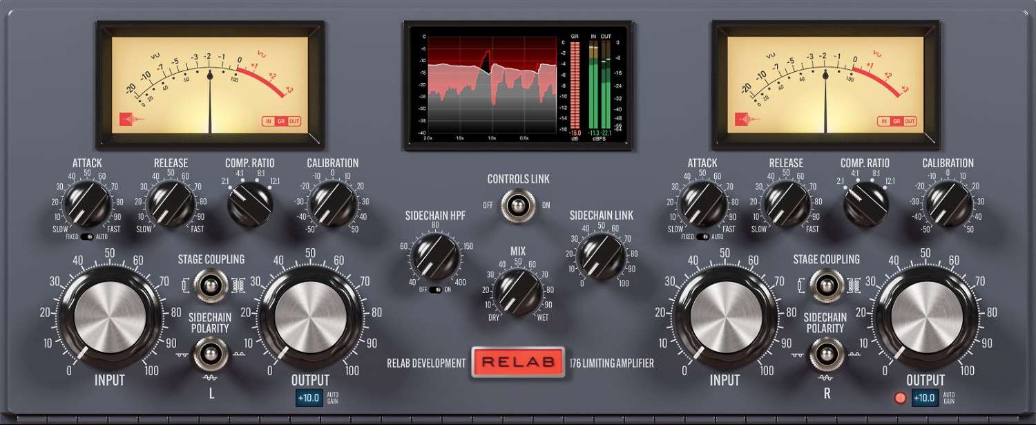 Hardware-accurate 176-style tube compressor with program-dependent timing, transformer/resistor paths, and bias calibration.